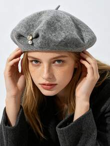 1pc Women's Wool Beret Hat With Inner Binding And Woman Portrait Design, Pearl & Metal Decor, Warm & Cold-Proof For Autumn/Winter, Fashion Casual Minimalist Daily Hat - Pearl Metal Pendant - View 2