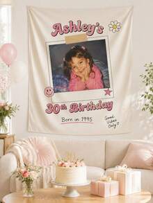 1pc Vintage Birthday Tapestry Wall Decor, Personalized Photo Backdrop, Customized Vintage Fabric Banner, Birthday Party Decoration, Celebration Wall Hanging, Room Decor, Customized Photo Gift, Personalized Keepsake - Multicolor - View 5