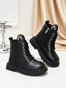 1 Pair Black Mid-Calf Boots, Soft PU + Gold Decor Side Zipper Design, Fashionable Versatile British Style Ankle Boots, Suitable For Daily Wear, School, Holidays, Autumn/Winter New - Black - View 3