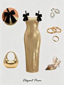 AIJ Women's Luxury Gold Strap Long Dress, Black Bow Sleeveless Backless Slit Bodycon Dress, Elegant Sexy Autumn Wedding Guest Party Banquet Outfit Summer - Gold - View 10