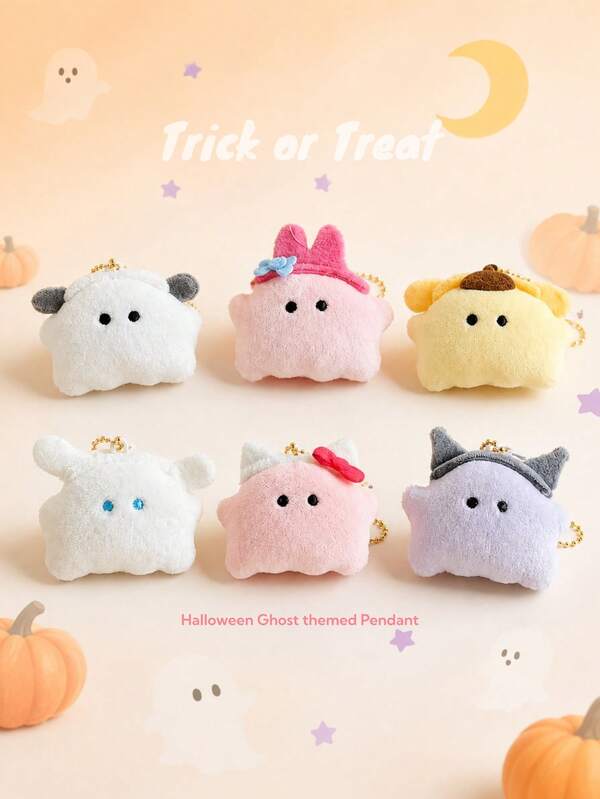 1 Pieza Charm de Peluche Mini Fantasma de Halloween de Sanrio, Colgante Suave y Lindo de 4,5 cm con Cadena de Cuentas Doradas, Hello Kitty, Kuromi, My Melody, Cinnamoroll, Pompompurin & Pochacco, Decoración de Mochila/Bolso, Regalo Sorpresa de Halloween, Juguete de Peluche, Trick or Treat