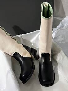 女款 2025 新款秋季厚底防水台街頭風騎士長靴 中筒靴 棕色復古短靴 - 綠色 - 查看 3