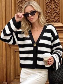 Nicenter Women's Winter V-Neck Black & White Striped Button-Front Knit Cardigan Sweater, Long Sleeve Top Jacket, Casual Daily Christmas Thanksgiving - Black and White - View 7