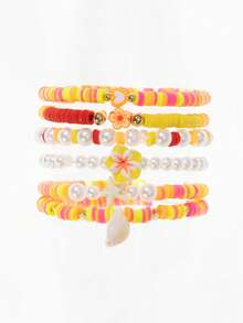 6pcs/Set Multi-Color Sweet Cute Soft Clay Resin Faux Pearl CCB Beads Shell Starfish Turtle Ocean Elements Evil Eye Flower Pentagram Bracelet Set, Suitable For Women Daily Wear And Gift - Multicolor - View 4