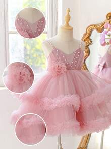 Young Girl Spaghetti Strap Beaded Lace Mesh Elegant Piano Ball Puff Princess Dress Suitable For Flower Girl Wedding Banquet Party Christmas Dress, Faux Pearl Randomly Studded - Dusty Pink - View 10