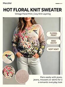 Curve Plus Size Vintage Floral Hummingbird Print Sweater Women Hollow Out Mesh Long Sleeve Crew Neck Loose Casual Knit Jumper - Multicolor - View 6