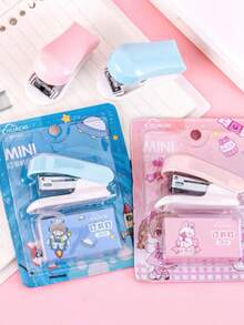 1pc Macaron Cartoon Mini Stapler With Staples, Lightweight And Effortless Body, Metal Binding Firm And Secure, Convenient For Organizing Test Papers, Receipts, Homework, Fresh And Cute Print, Eye-Catching Design, Portable And Easy To Store, Recommended Stationery For Back To School Season, Suitable As Christmas, Halloween, Thanksgiving Gifts For Classmates And Colleagues - Multi-color - View 6