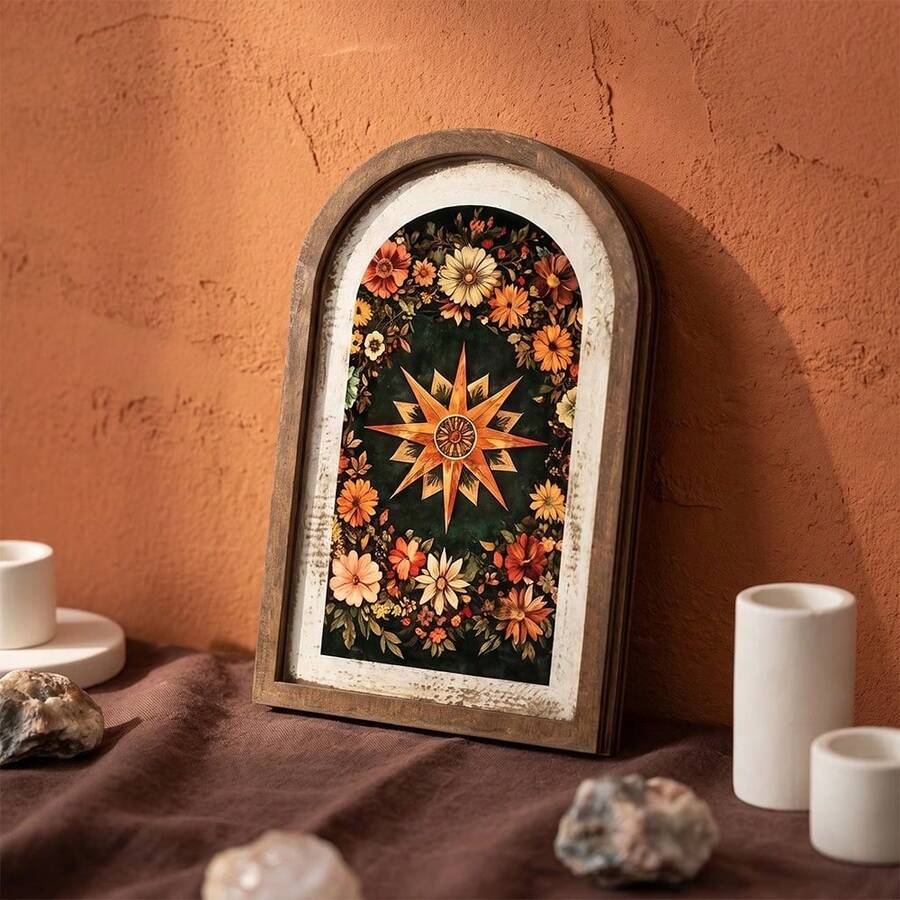 1pc Wall Sculpture, Daily - Rustic Style Sky Arch Sun Moon Star Floral Wooden Wall Decor, Bohemian Home Decor Altar Decoration - 1PC - View 1