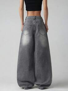 1pc Women's Casual Loose Fit Gray Printed Denim Wide Leg Jeans, Comfortable All-Match Streetwear Style Jeans (Belt/Accessories Not Included) Fall - Light Grey - View 8
