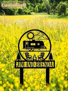 Customizable Family Name RV Camping Metal Yard Sign, Outdoor Camping Theme Garden Lawn Decor, Weather-Resistant Metal Silhouette Art, Suitable For Backyard Campsite Farmhouse Patio, Personalized Text Camper Decor Gift - Multicolor - View 4