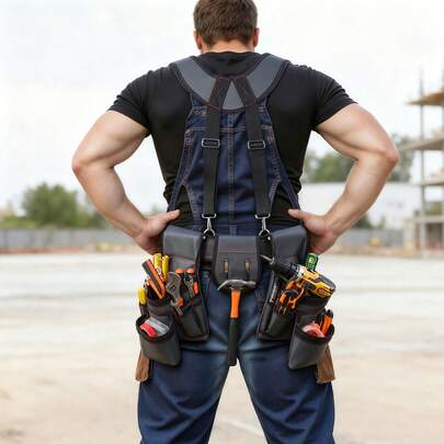 Cintura porta attrezzi, borsa porta attrezzi con 22 tasche e bretelle per uomo, cintura porta attrezzi regolabile ad alta resistenza con bretelle per elettricista, falegname, edilizia, organizzatore per grembiule da lavoro, regolabile in vita da 32 a 68 pollici