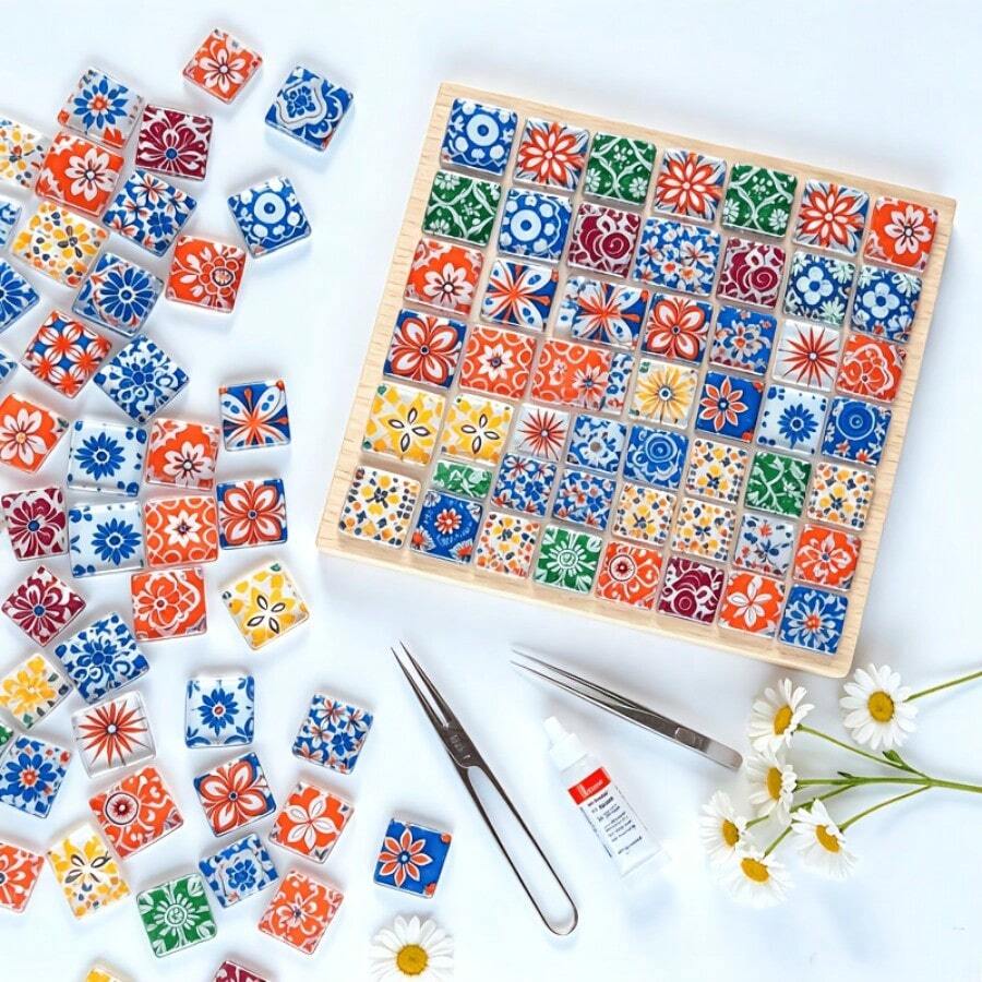 100/200g Translucent Mandala Pattern Glass Mosaic Tiles, Mixed Random Assorted Patterns Vintage Style Mosaic Glass Pieces, Suitable For Handmade Coasters, Jewelry Pendant Making, Pool Wall, Countertop Inlay Decoration And Landscaping
