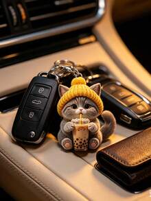 2D Flat Cute Gray Kitten Drinking Milk Tea Pattern Keychain, Adorable Cat Cup Aesthetic Key Chain Wallet Bag Decor Gift For Cat Lovers, New Acrylic Design Keyring Decoration, Durable And Lightweight, Suitable For Car Keyring, Phone Keyring, Backpack And Wallet Keyring Decor - Can Be Used As Birthday, Pet Lover Keyring Car Key Bag Pendant, Back To School Gift, Halloween, Christmas, Thanksgiving Gift - Multicolor - View 3