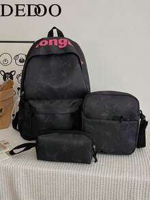Dedoo 3‑Pcs Backpack Set,Star & Letter Print,Color‑Block Drawstring Zipper,Large Capacity,School Bookbag,College University Campus Daily Student Bag - Black - View 2