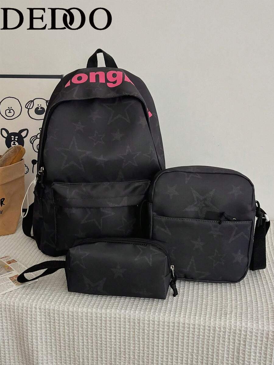 Dedoo 3‑Pcs Backpack Set,Star & Letter Print,Color‑Block Drawstring Zipper,Large Capacity,School Bookbag,College University Campus Daily Student Bag