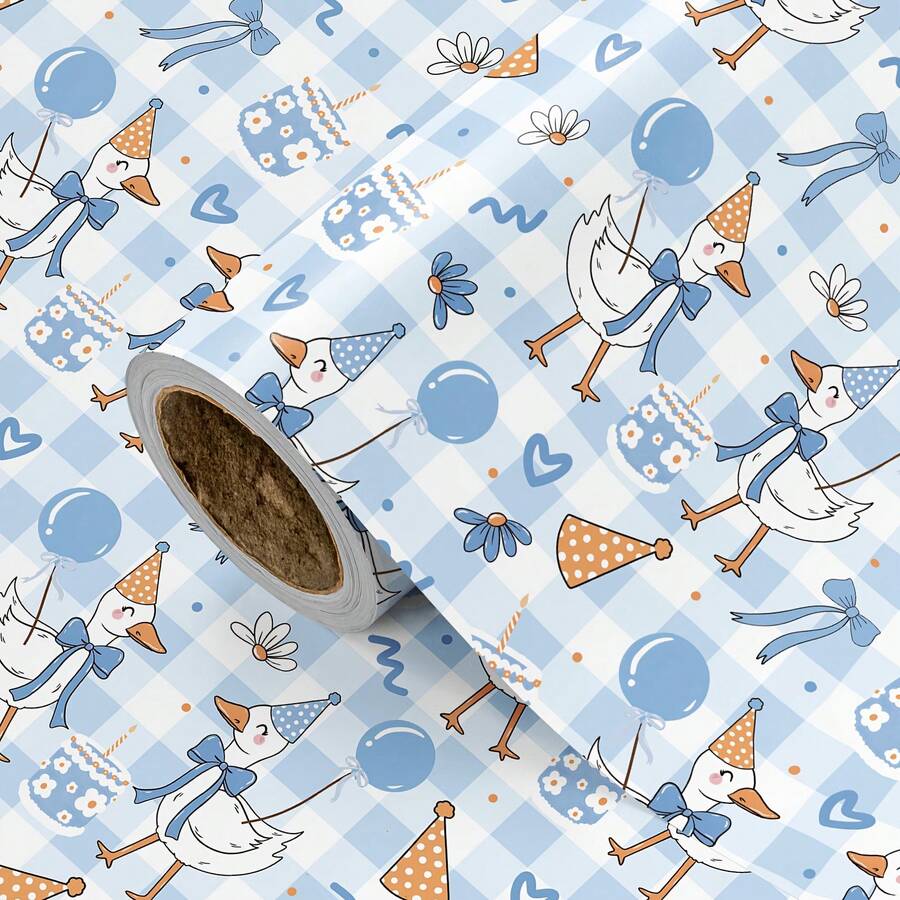 5/10 Sheets Cute Duck Birthday Wrapping Paper, Printed With Cute Duck Wearing Hat, Suitable For Birthday Gifts, Party Decoration, Birthday, Baby Shower - Multicolor - View 1