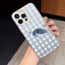 HANCAI 1pc Blue & White Plaid Ink Wash Sea Turtle Print Phone Case, Large Window Lens Frame Full Coverage Transparent Soft Shell, Suitable For IPhone17/17Pro/17ProMax/16/16Plus/16ProMax/16e/15ProMax/11/12/12Pro/12ProMax/13/13Pro/13ProMax/14/14Pro/14ProMax, Ins Fresh Ocean Style Anti-Drop Phone Protective Cover - White Frame, Sand White - View 2
