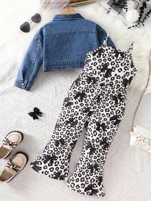 MYVLNA 2pcs/Set Pakaian Anak Perempuan Gaya Manis & Keren, Jaket Pendek Denim Lengan Panjang dengan Hiasan Pita dan Motif Leopard, Jumpsuit Camisole dengan Detail Rusak, dan Potongan Kaki Mengembang - MultiWarna - View 3
