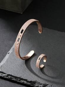 1pc European And American Fashion Zirconia Cartoon Smile Open Bangle Bracelet For Women Daily Wear - Rose Gold - View 3