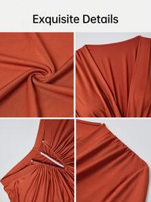 AIJ Setelan Wanita Elegan Seksi Warna Cokelat Kemerahan dengan Atasan Crop Berkerah V Dalam dan Rok Panjang Berkerut, Pakaian 2 Potong Pas Badan Elastis Tinggi untuk Liburan - Rust Brown - View 4