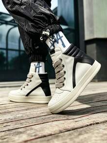 Men's High-Top Platform Sneakers Cream Skate Shoes Retro Casual Walking Trainers With Easy-Clean Leather, Unisex Couple Style, Back To School Streetwear Essential - 米色 - 查看 5