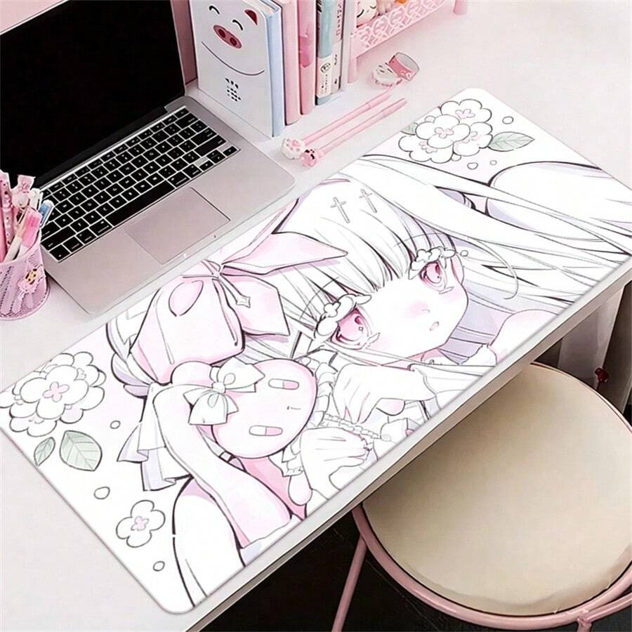 وسادة فأرة جلدية بتصميم أنمي لطيف فتيات ملاك، حصيرة فأرة للكمبيوتر المحمول والألعاب ممتدة للمكتب، وسادة فأرة PU كاواي للاعبين، وسادة فأرة XXL كبيرة جداً، وسادة لوحة مفاتيح جلدية، سجادة وردية - مشاهدة 1