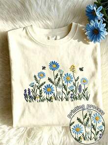 Y2K Style, Fashion Style, Newest 2026, Cute Style, Casual Style, Women's Blouses > Clothing. Sunflower Embroidery Design, Vibrant Floral Print Spring And Summer Set For Women, Casual Round Neck Short Sleeve T-Shirt For Women 180g (S-XXXL) - 杏子 3 - 查看 6