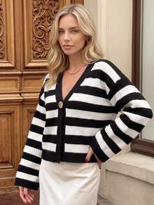 Nicenter Women's Winter V-Neck Black & White Striped Button-Front Knit Cardigan Sweater, Long Sleeve Top Jacket, Casual Daily Christmas Thanksgiving - Black and White - View 3