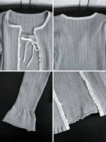 2pcs/Set Atasan Camisole Rajut Seksi & Kardigan Lengan Panjang, Trim Renda Transparan, Pita Ikat, Cocok Untuk Jalan-jalan, Berkomuter, Kencan Musim Gugur - bunga abu-abu - View 9