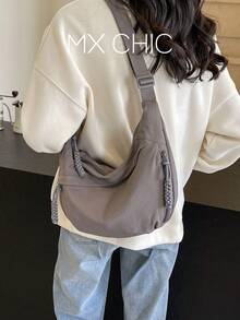 Fashionable Yellow Nylon Waterproof Shoulder Bag, Minimalist Casual College Style, Wide Strap, Multi-Zipper Design, Suitable For Students - Grey - View 1
