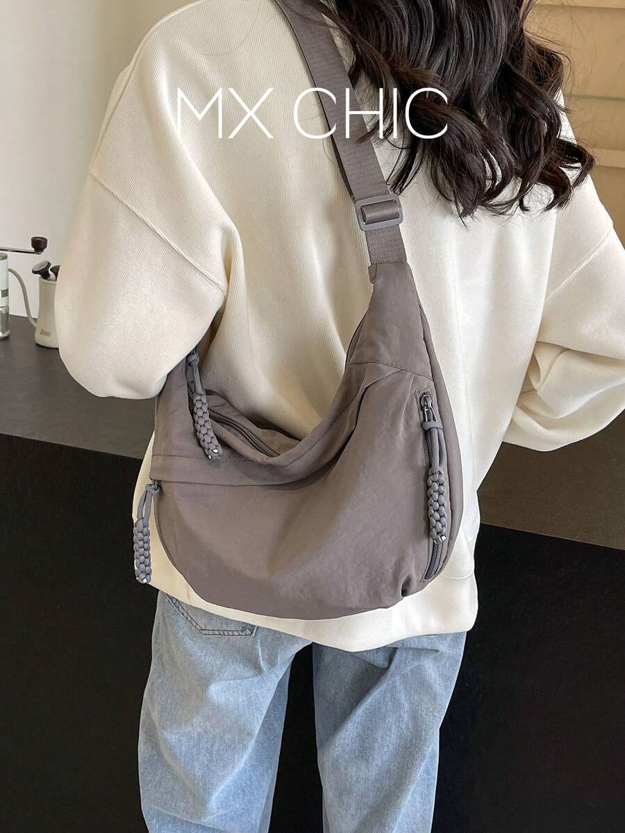 Fashionable Yellow Nylon Waterproof Shoulder Bag, Minimalist Casual College Style, Wide Strap, Multi-Zipper Design, Suitable For Students - Grey - View 1