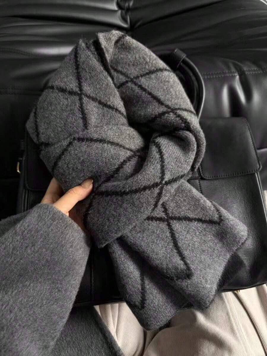 1pc Grey Women's Winter 2026 New Thickened Wool Blend Plaid Double-Sided Premium Scarf - Dark Grey - View 1