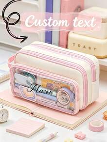Personalized Name Pencil Case, Custom Text Large Capacity Triple Compartment Pen Pouch With Clear Front Pocket And Carry Handle, Portable Stationery Organizer And Cosmetic Storage Bag For College, Office, Travel, Birthday And Back To School Gift - Multicolor - View 1