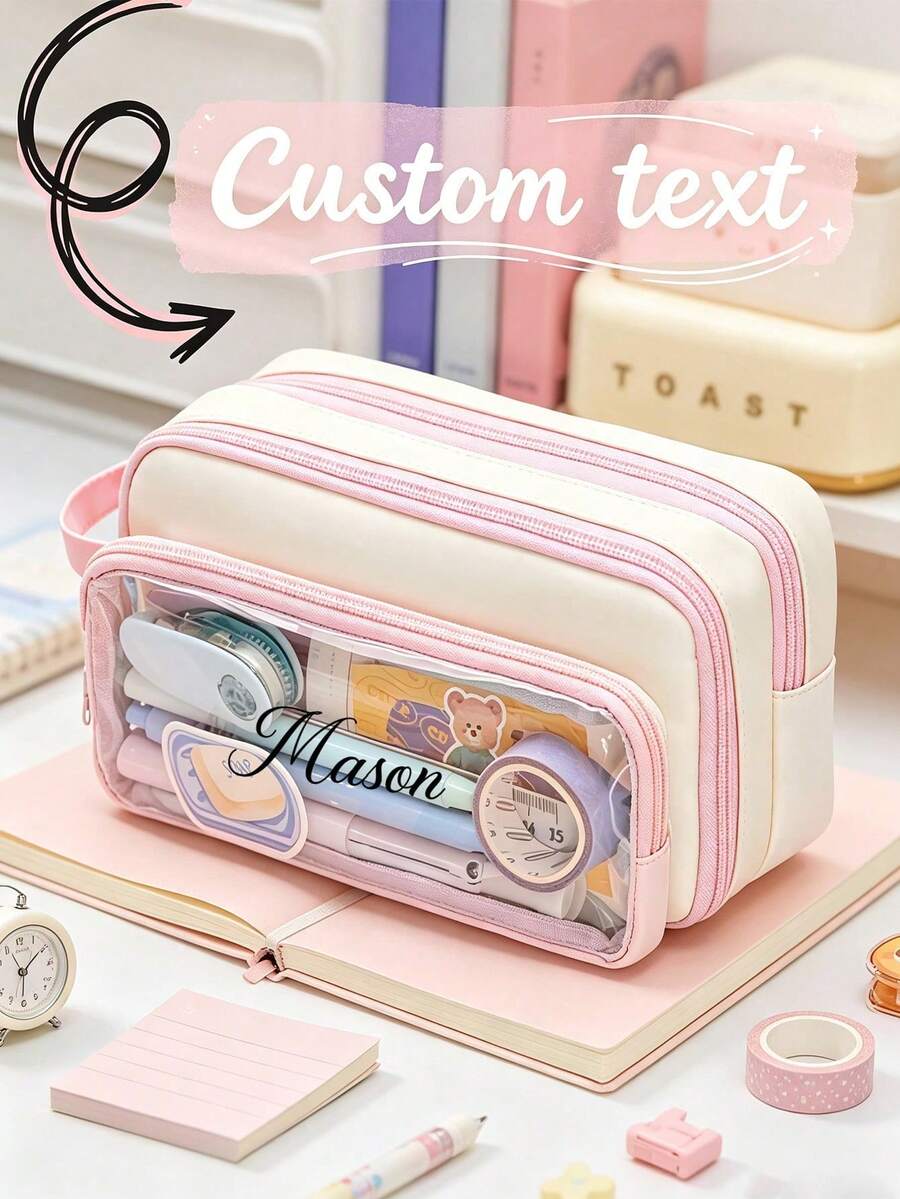 Personalized Name Pencil Case, Custom Text Large Capacity Triple Compartment Pen Pouch With Clear Front Pocket And Carry Handle, Portable Stationery Organizer And Cosmetic Storage Bag For College, Office, Travel, Birthday And Back To School Gift - Multicolor - View 1