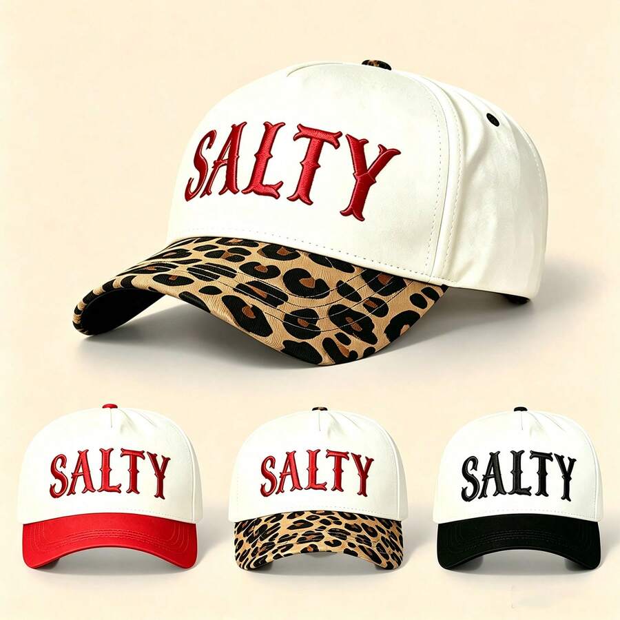 1pc SALTY Letter Embroidered Baseball Cap, Leopard Print Brim Trucker Hat, Adjustable Snapback Cap For Women Daily Outdoor Streetwear