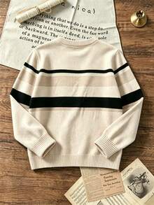 Boys Beige Color Block Striped Crew Neck Knit Sweater, Casual Long Sleeve Knit Pullover, Autumn/Winter Children's Warm Top - Apricot - View 4