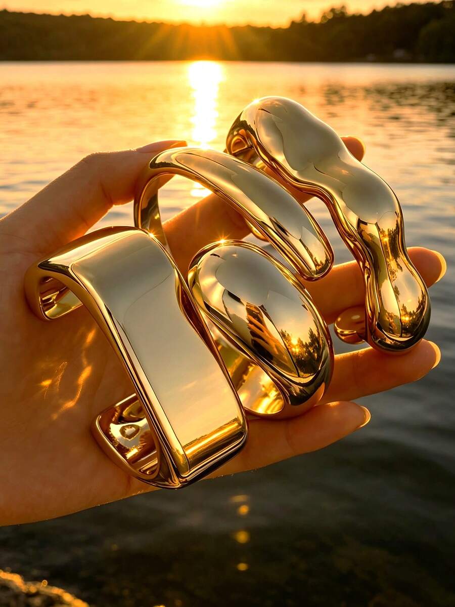 3pcs/Set Chunky Fashion Minimalist Elegant Exquisite Vintage Design Geometric Ribbon Water Drop Wave Square CCB Metal Style Minimalist Plain Wide Chunky Open Bangle Bracelet Set For Holiday Vacation Party Date Gift Daily Commute Wear Personalized - Yellow Gold - View 1