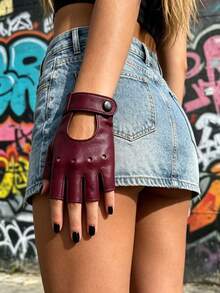 1 Pair Half-Finger Motorcycle Leather Gloves - Burgundy - View 2