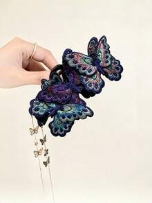 1件新款中式刺繡蝴蝶流蘇髮夾，復古幻彩布料女性髮飾 - 多色 - 查看 4