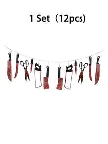 12pcs/Set Halloween Party Blood Knife Weapon Banner, Haunted House Realistic Blood-Stained Hanging Decorations, Halloween Vampire Party Supplies, Suitable For Halloween Room Decor, Bar Supplies, Indoor And Outdoor Decor, Horror Party Background Decor - View 12