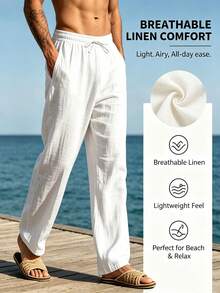 Men White Linen Woven Loose Casual Long Pants, Suitable For Spring/Autumn/Summer, Fall, Beach - White - View 3