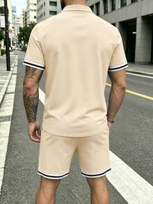 Kolrap Men's Polo Shirt & Shorts Set, Summer Short Sleeve 2 Pieces Outfit, Contrast Trim Casual Athleisure Tracksuit - Apricot - View 3