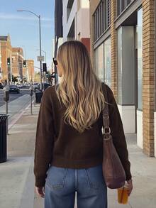 Cardigan Rajut Kabel Leher Bulat Elegan Musim Gugur/Dingin Terbaru untuk Wanita, Gaya Bisnis Kantor/Komuter - Coffee Brown - View 12