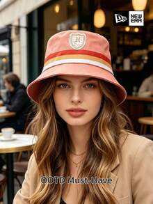 New Era Shield N Patch Bucket Hat, Street Style Coral Pink Striped Bucket Hat, Unisex Outdoor Sun Hat - Coral Orange - View 3