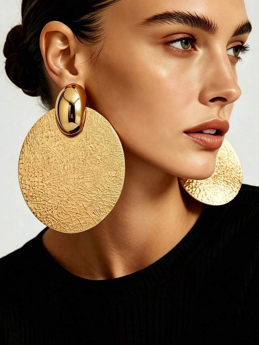 1 Pasang Anting Gantung Panjang Bulat Besar Gaya Modern Eropa dan Amerika dari Logam, Cocok untuk Wanita, Desain Geometris Berat yang Berlebihan untuk Pesta dan Liburan - Emas - View 1