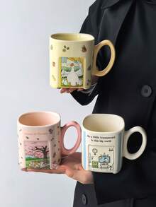 1 buah Mug Keramik Persegi Motif Kartun Lucu dan Menyembuhkan, Gaya Ins Kreatif dengan Desain Jendela Berongga untuk Kopi, Cangkir Sarapan, Cangkir Teh Sore, Hadiah Unik yang Sangat Menarik, Aman untuk Microwave dan Mesin Pencuci Piring - MultiWarna - View 2