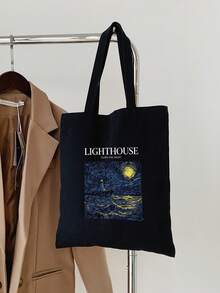 1pc Black Fashionable Fun Frame Pattern Printed Women's Canvas Tote Bag, Portable Shopping Bag For Outings - Black - View 6