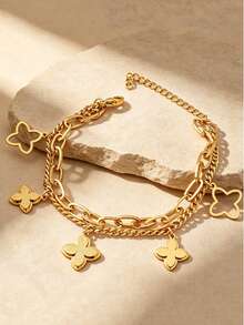 Letingsha 1pc Fashionable Stainless Steel Four-Leaf Clover Pendant Bracelet, Suitable For Women's Daily Wear - Yellow Gold - View 7