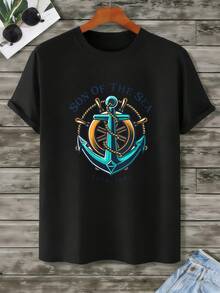 Men's Anchor Graphic T-Shirt, Premium Cotton, Loose Fit, Street Hip Hop Style, Comfortable, Graphic Design - Black - View 2