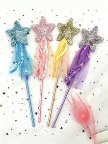 3/5Pcs Glitter Star Fairy Magic Wand With Tulle Sequin Streamers, Pastel Color Ribbon Princess Cosplay Prop, Handheld Twisted Rod Fairy Stick For Birthday Party, Halloween Dress Up, Photo Booth Decorations - A - View 6